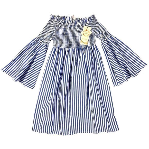 MEI Fashion NWT Off The Shoulder Smocked Striped Mini Dress Women’s S/M - Picture 9 of 9